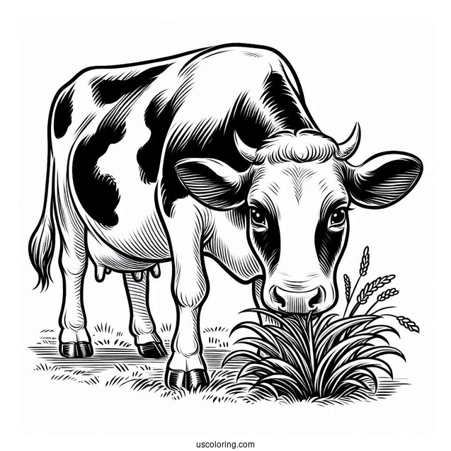 Holstein Cow Eating Grass On Farm Coloring Page