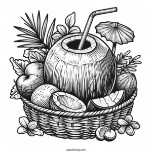 Coconut Coloring Page Juice With Straw On Top Of Fruit Baskets