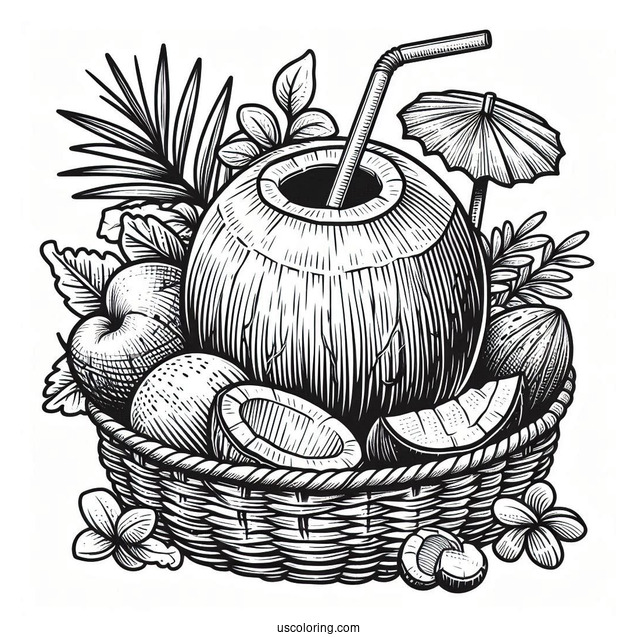 Coconut Coloring Page Juice With Straw On Top Of Fruit Baskets
