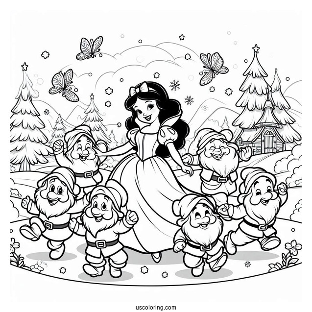The Seven Dwarves Dancing Around Snow White Coloring Pages