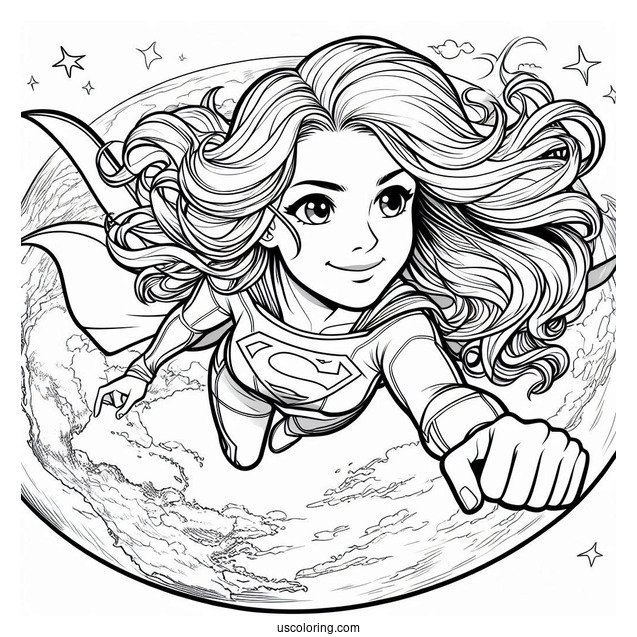 Comic Supergirl Coloring Page Flying Above Earth