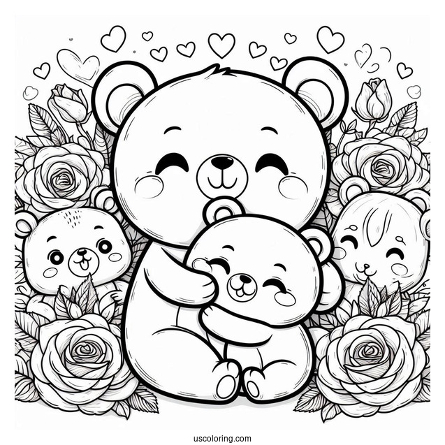 Smiling Critters Coloring Page BearHug With Rose Background