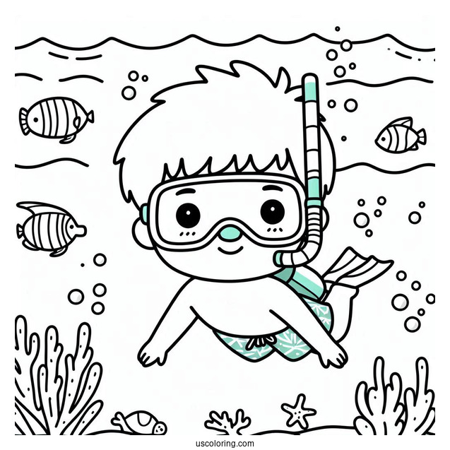 Simple Little Boy Swimming Coloring Page With Snorkeling Gear For Kids
