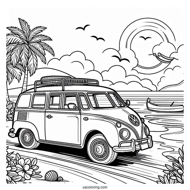 Volkswagen Driving Through A Beach In Summer Coloring Page