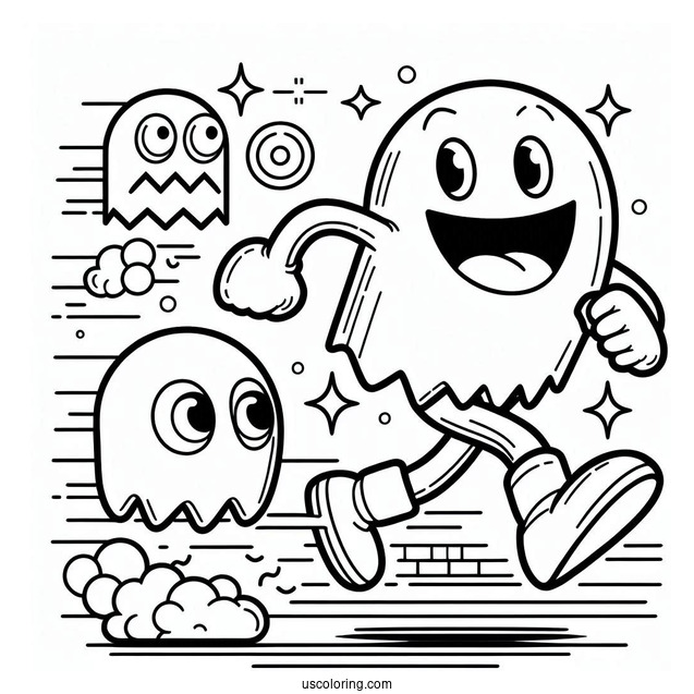 Blinky And Clyde Ghosts Chasing Pac-Man Coloring Page