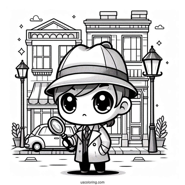 Mysterious Chibi Coloring Page Detective Holding Magnifying Glass in a City Street