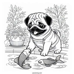 Curious Pug Coloring Page Playing with Koi Fish by the Pond
