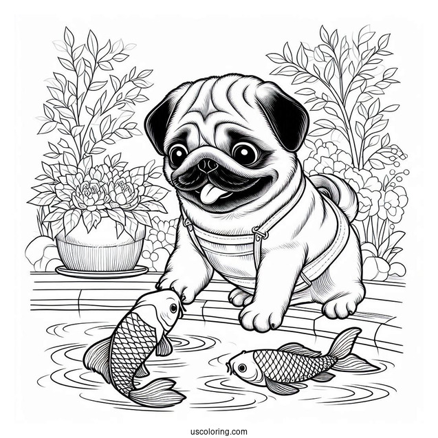 Curious Pug Coloring Page Playing with Koi Fish by the Pond