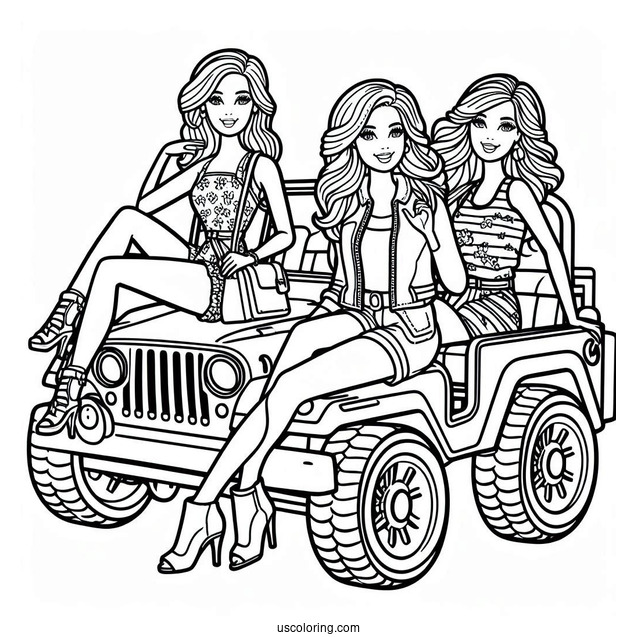 Barbie And Friend In Jeep To Color