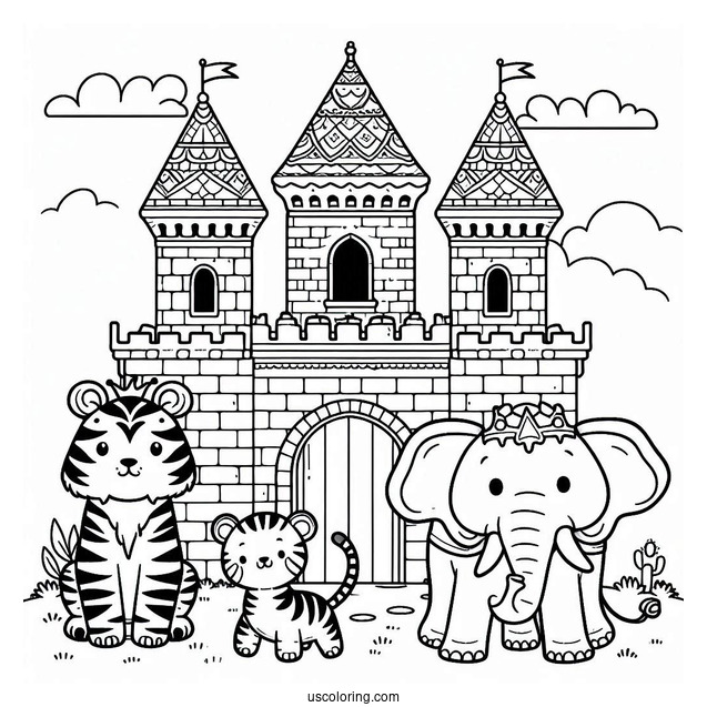 Cute Tiger, Elephant, And Zebra Outside A Castle Coloring Page For Kids