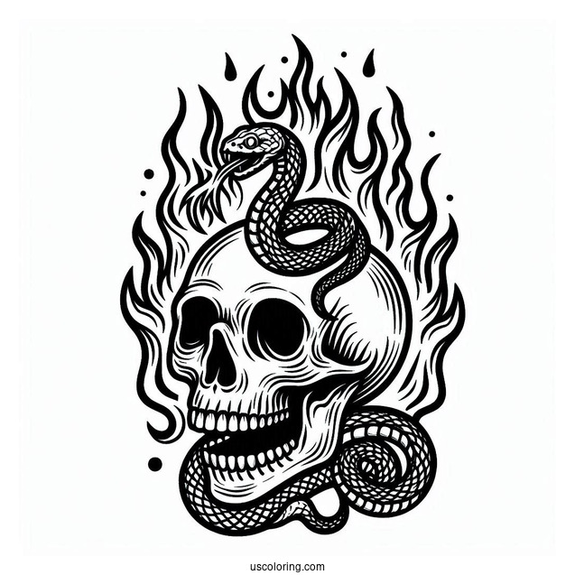 Flaming Skull With Snake