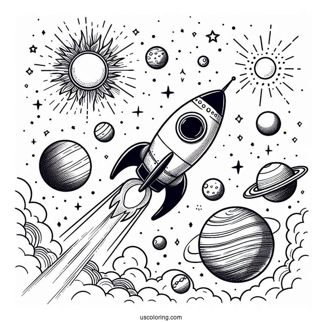 Rocket Taking Off Into Space With Planets To Color
