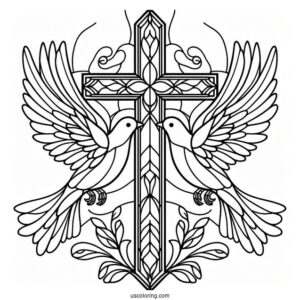 Two Doves Flying To The Cross Stained Glass Coloring Page