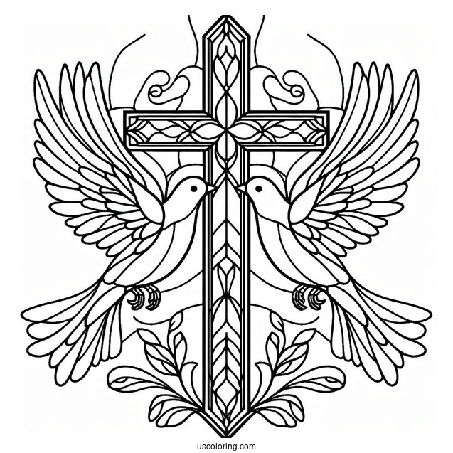 Two Doves Flying To The Cross Stained Glass Coloring Page