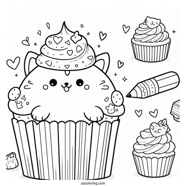 Cat Themed Cupcake To Color For Kids