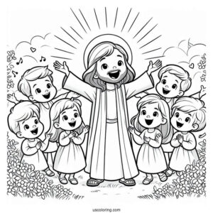 Cute Children Rejoicing Around Jesus Coloring Page