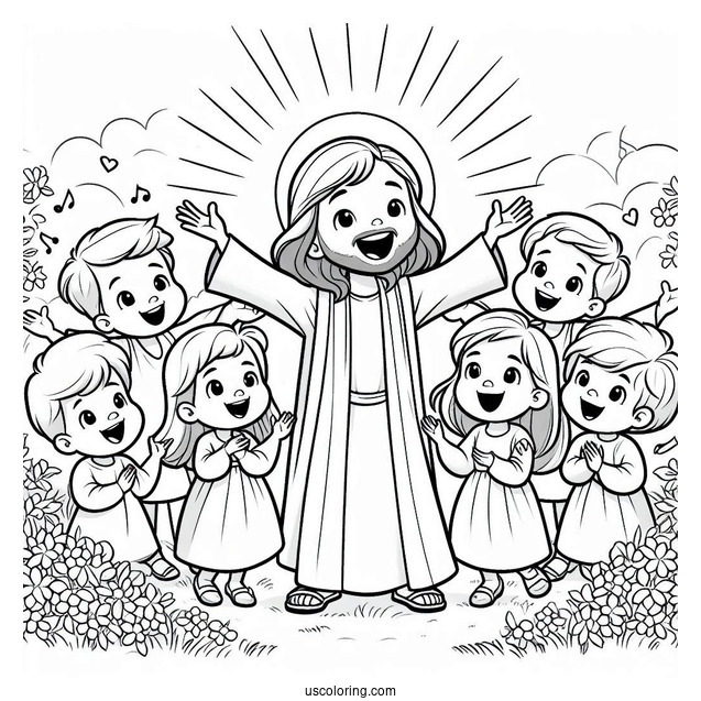 Cute Children Rejoicing Around Jesus Coloring Page