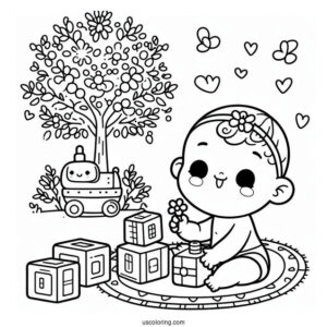 Cute Baby Coloring Page Playing With Blocks For Kids