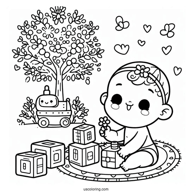 Cute Baby Coloring Page Playing With Blocks For Kids