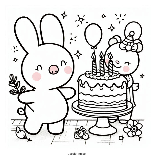 Miffy Coloring Page Of Melanie, And Poppy Pig Dancing In Front Of Birthday Cake