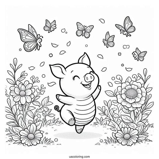 Happy Piglet Coloring Page Dancing In The Garden With Butterflies