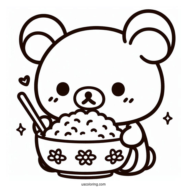Rilakkuma Coloring Page Of Kawaii Chairoikoguma Eating Rice Bowl For Kids