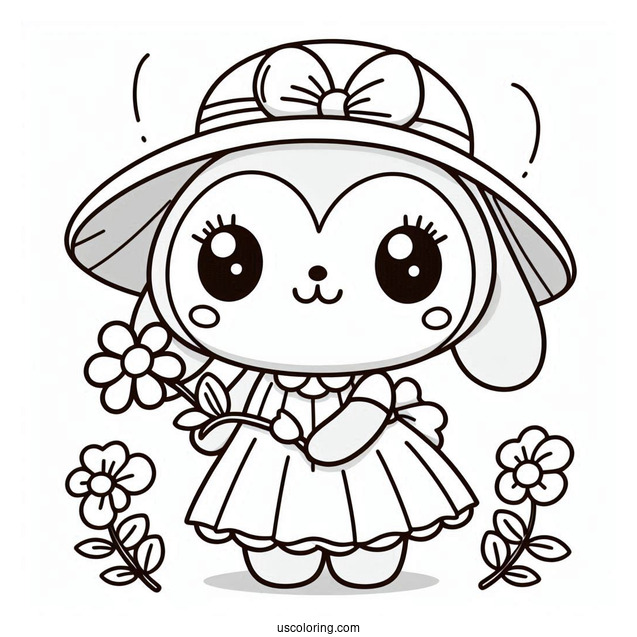 Pororo Coloring Page Of Kawaii Loopy In A Dress Holding Flower For Preschoolers
