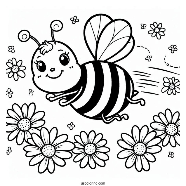 Happy Bee Coloring Page Flying Over Daisies