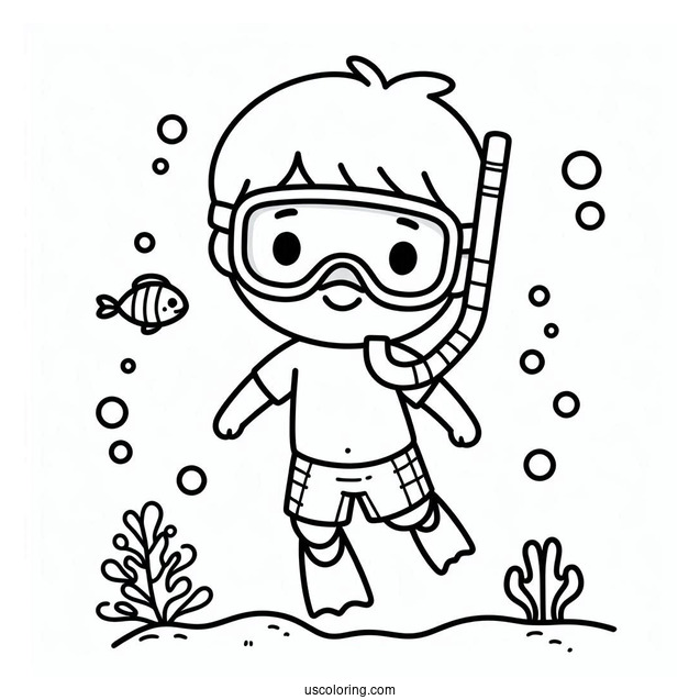 Simple Little Boy Swimming Coloring Page With Snorkeling Gear For Kids