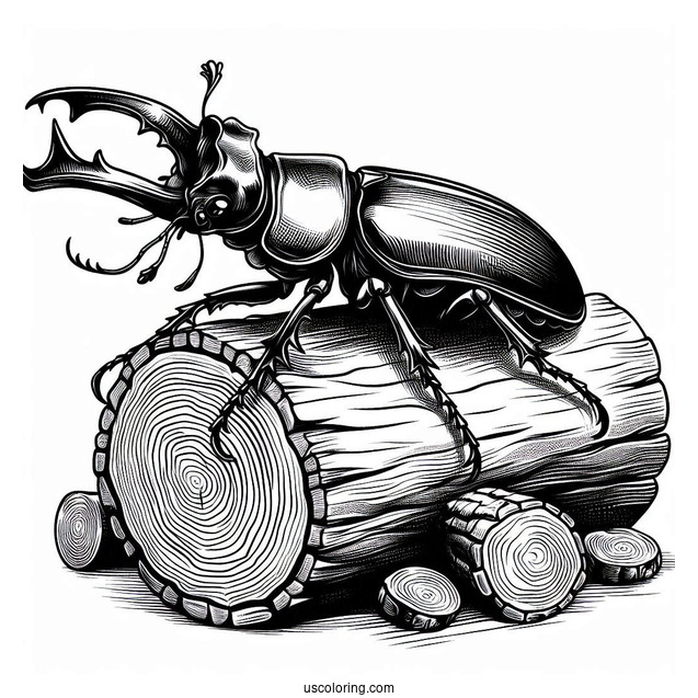 Realistic Stag Beetle Coloring Page On Log