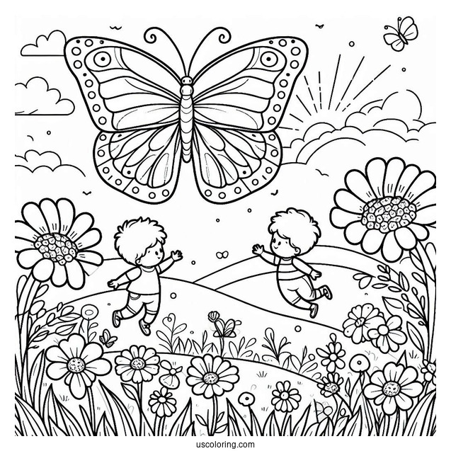 A Butterfly Hovering Over A Field Of Flowers With Two Children