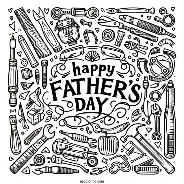 Happy Father's Day Coloring Page Of Words Surrounded By Tools