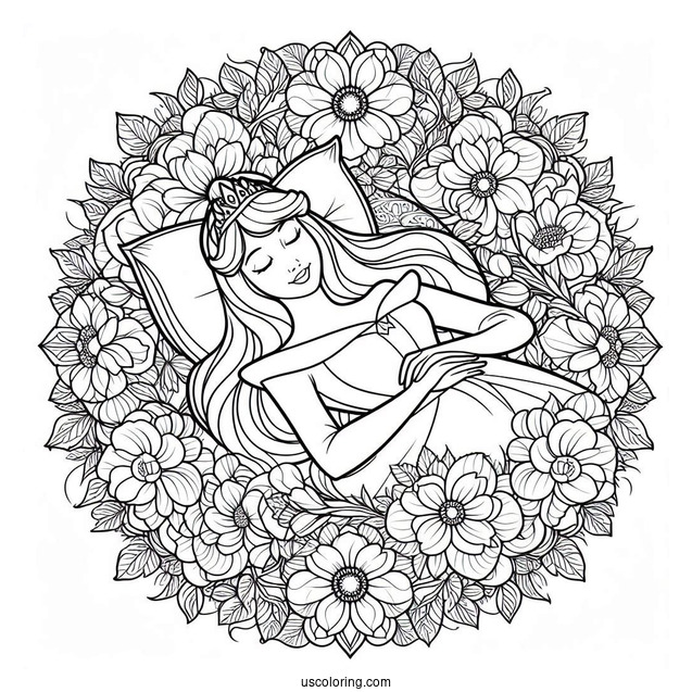 Sleeping Beauty Coloring Page Of Princess Aurora At The Center Of A Flower Mandala