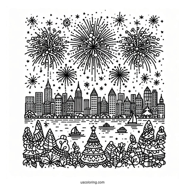 New Year Coloring Page Of Fireworks Over The City
