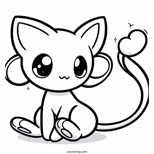 Kawaii Mew Coloring Page With Heart Shaped Tail For Preschoolers