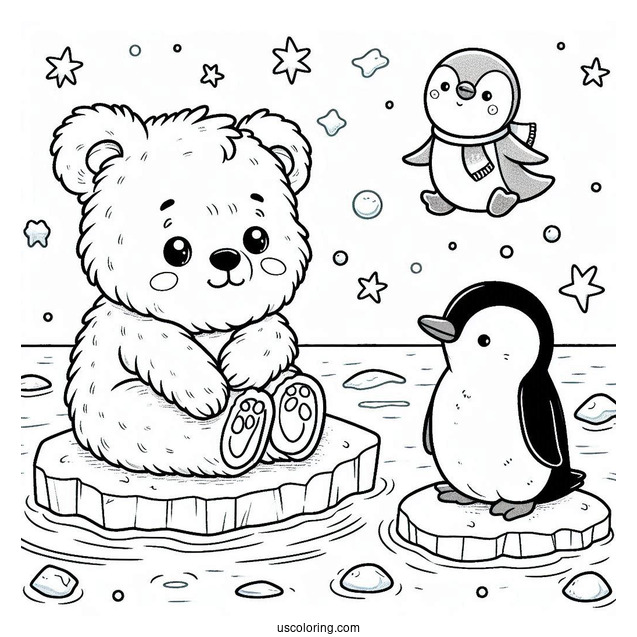 Young Bear And Penguin Floating On An Ice In The North Pole Coloring Page