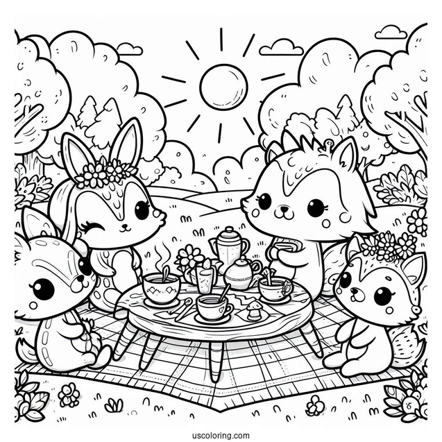 Chibi Coloring Page Tea Party in a Sunny Forest Meadow with Animal Friends