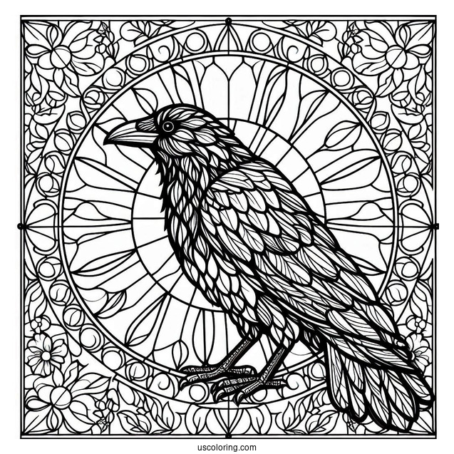 Raven Coloring Page With Stained Glass In The Background