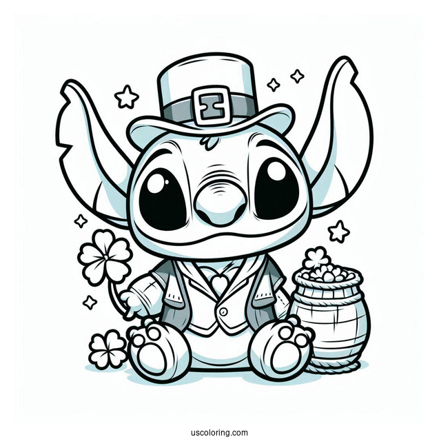 St. Patrick's Day Coloring Page Of Cute Stitch Dressed As A Leprechaun For Preschoolers