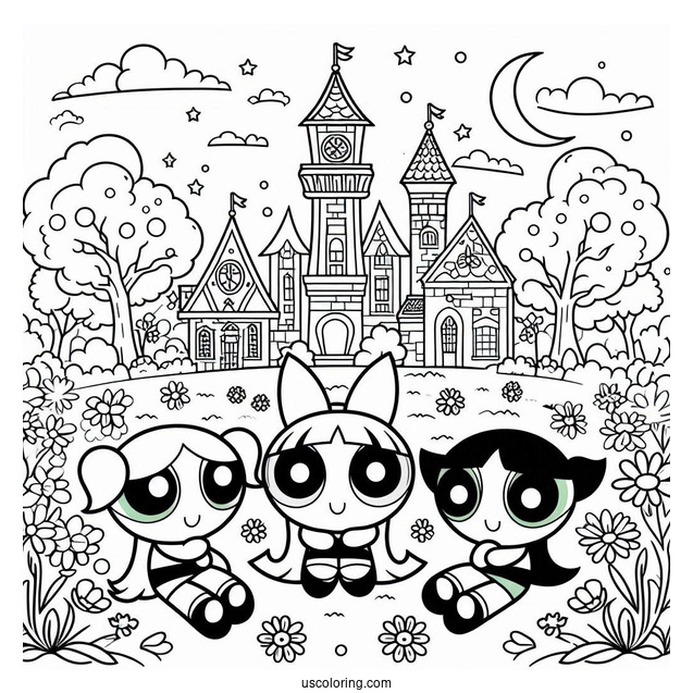 The Powerpuff Girls Sitting In a Park With Flowers