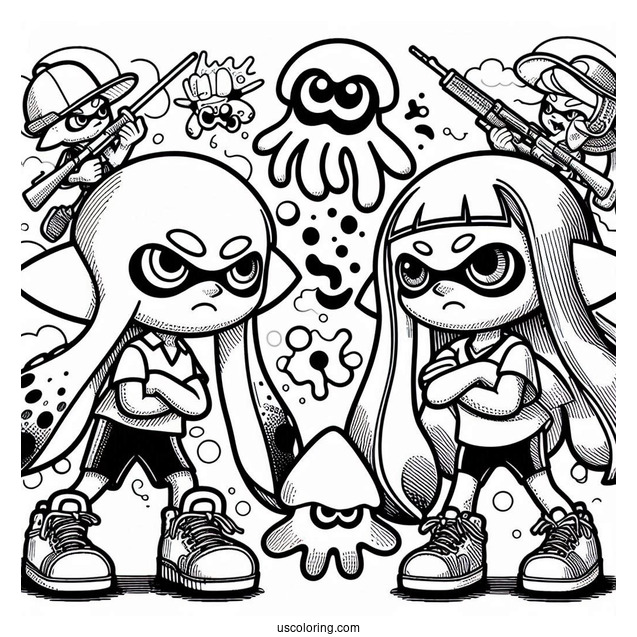 Detailed Splatoon Coloring Page Of Inklings Vs Octolings