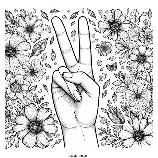 Realistic Hand Making Peace Coloring Page Sign While Covered In Flowers