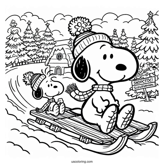 Woodstock And Snoopy Sledding During Christmas