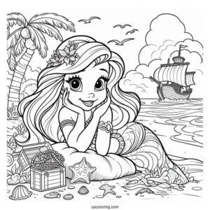 Palace Pets Coloring Page Of Ariel At The Beach With Treasure