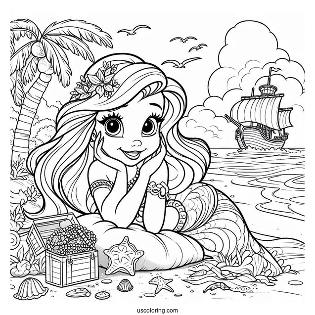 Palace Pets Coloring Page Of Ariel At The Beach With Treasure