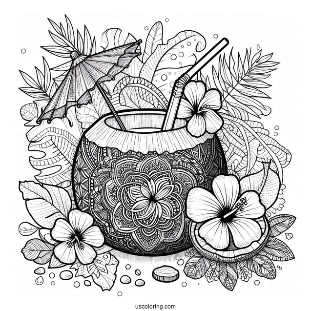 Summer Coloring Page Of Coconut Drink With Hibiscus Flower And Mandala