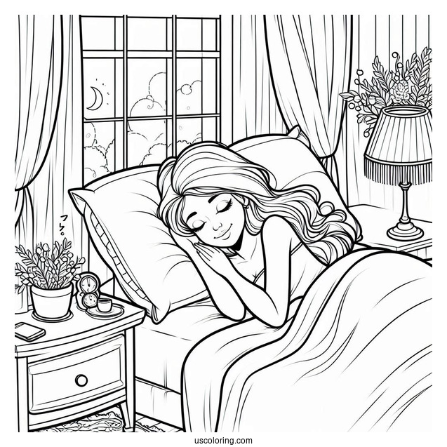 Woman Sleeping In Her Cozy Bedroom Coloring Page For Kids