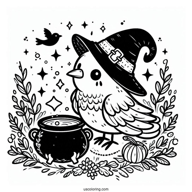 Cute Little Raven Coloring Page In A Witch s Hat With A Magical Cauldron