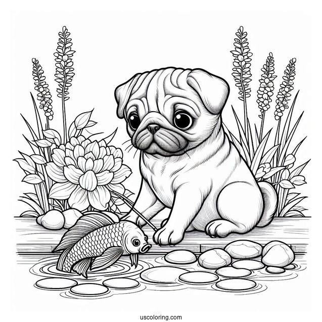 Curious Pug Coloring Page Playing with Koi Fish by the Pond