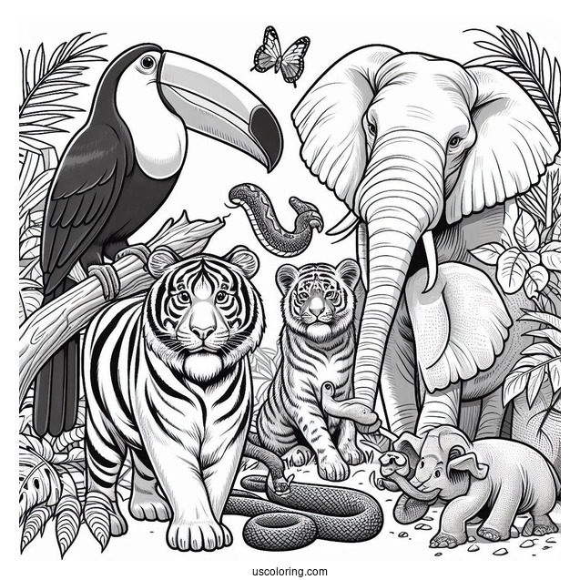 Realistic Toucan, Tiger, Snake, Gorilla, Elephant, And Monkey In Jungle Coloring Page